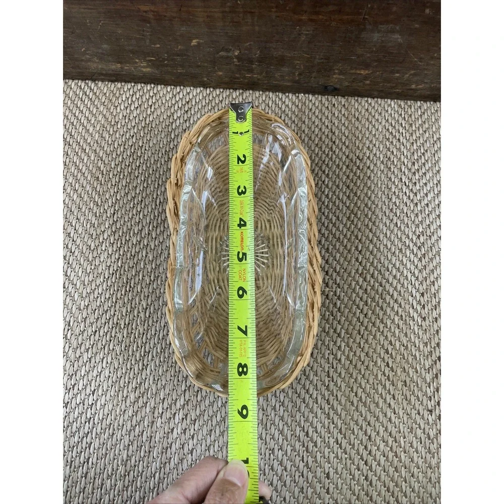 Vtg Cottage Corn Butter Trinket Dish Impressed Glass With Wicker Base